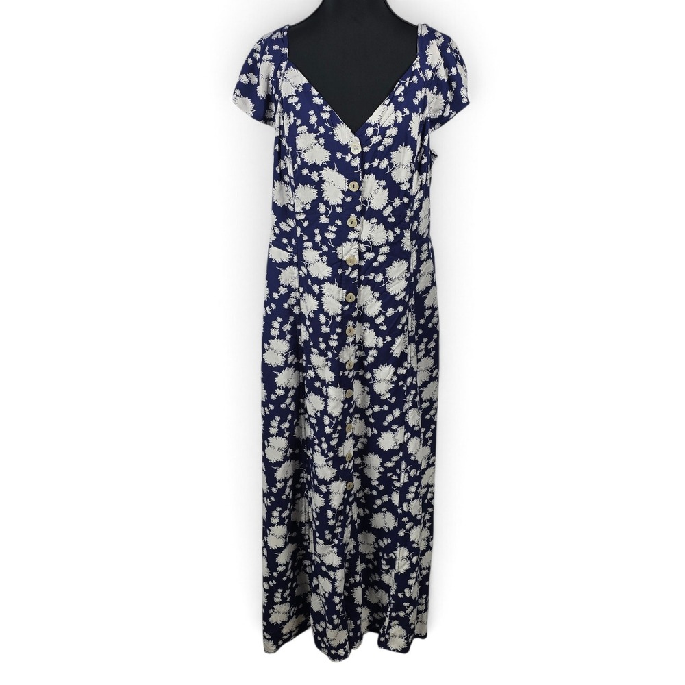 Anthropologie Maeve Motif Floral Midi Dress Size 12 Blue White Short Sleeve Boho - Picture 1 of 14
